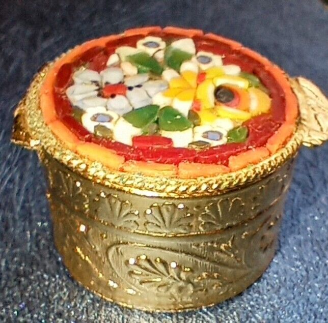 VTG/EST INTRICATE ITALIAN MOSAIC Gold/RED FLORAL,Micro Trinket GOLDEN Hinged Box