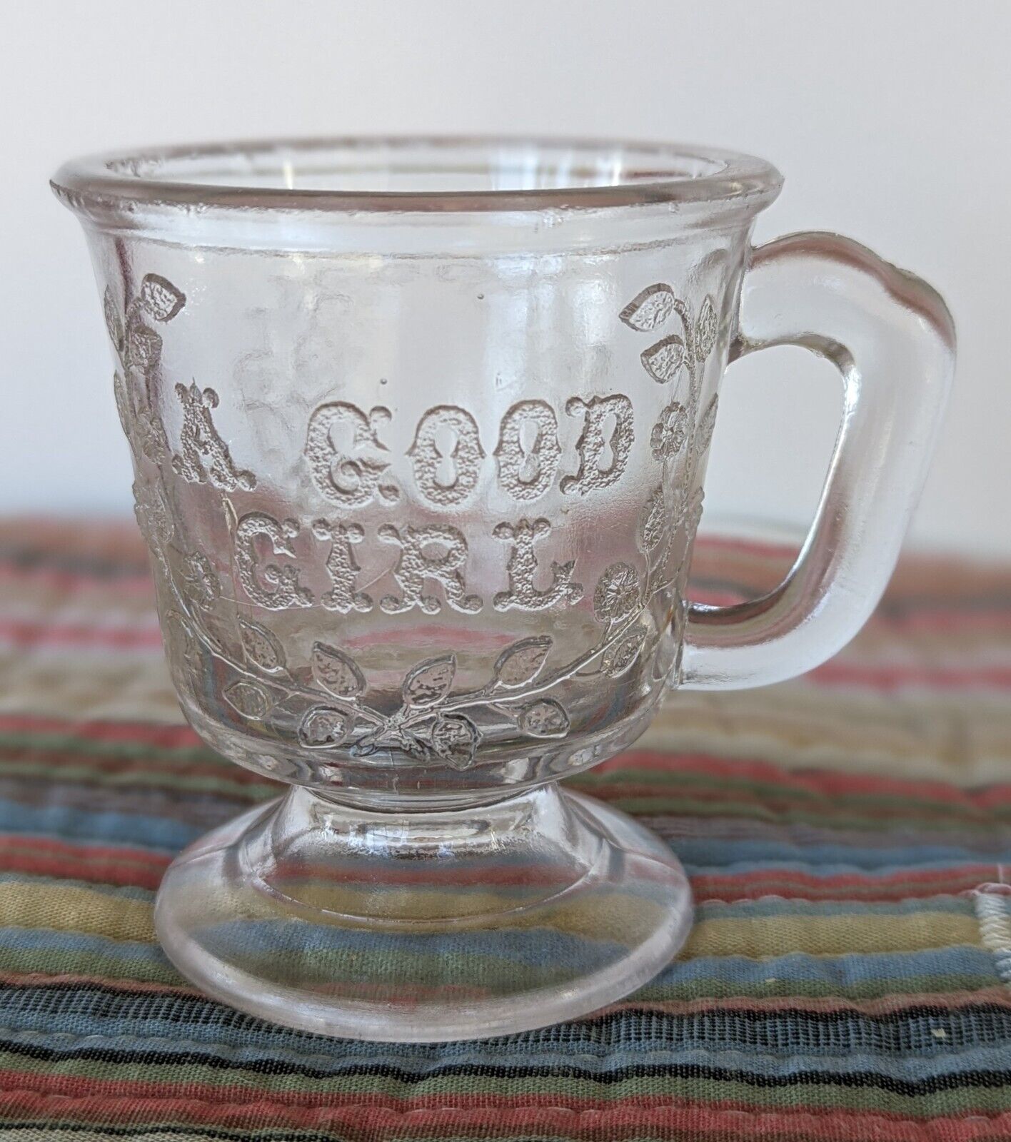 Antique Emboss Glass Good Girl Cup