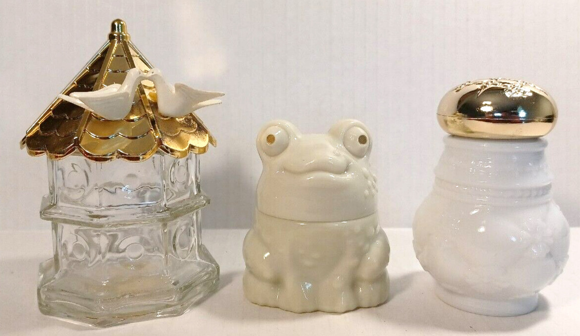 3  Vintage Avon Decorative Collectible Perfume Cologne Powder Bottles Frog Doves