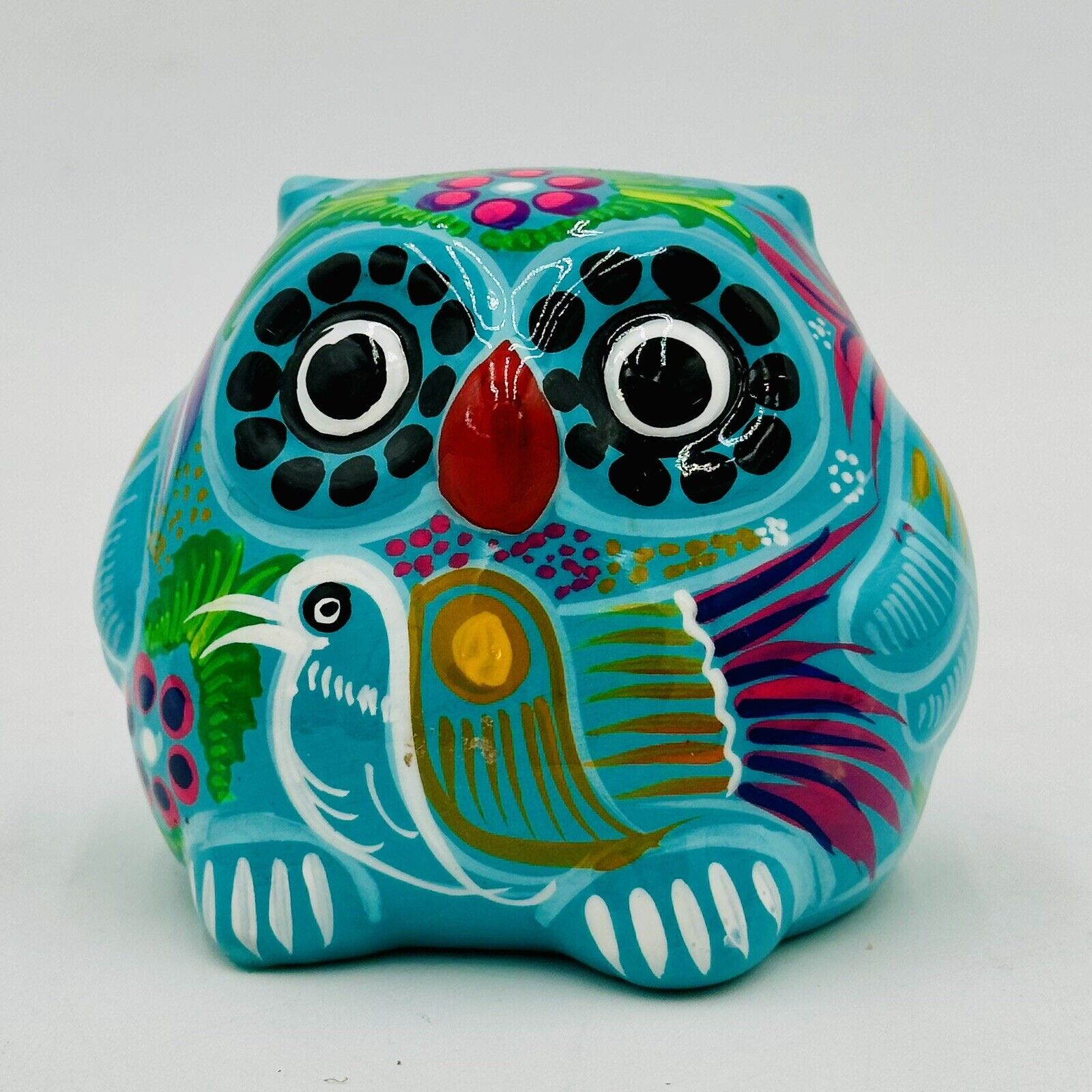 Vintage Colorful Mexican Folk Art Clay Owl Bird Bank Mexico 3.5\