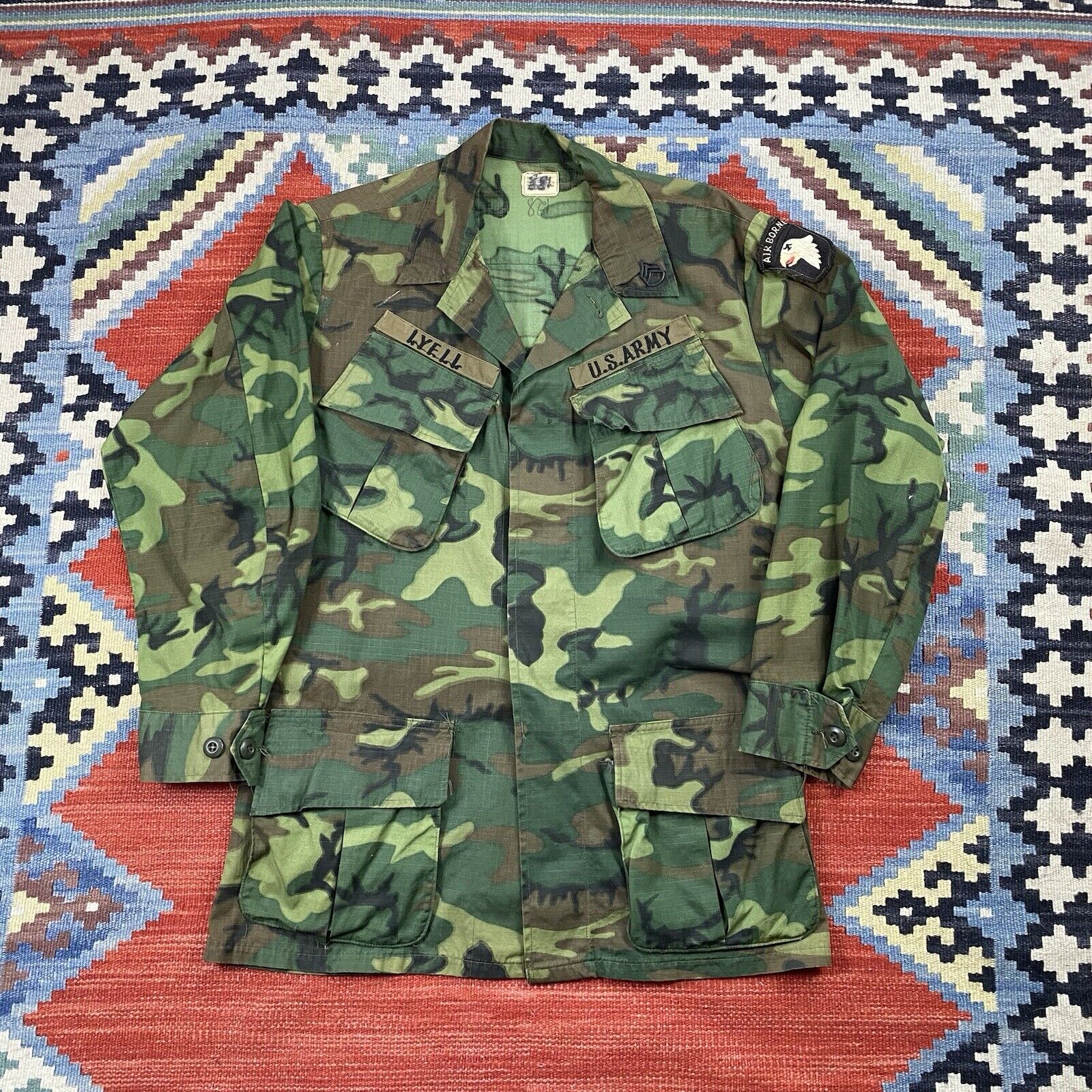 Vintage ERDL Camo Slant Pocket Theater Name Jacket  Vietnam 101st Airborne Green