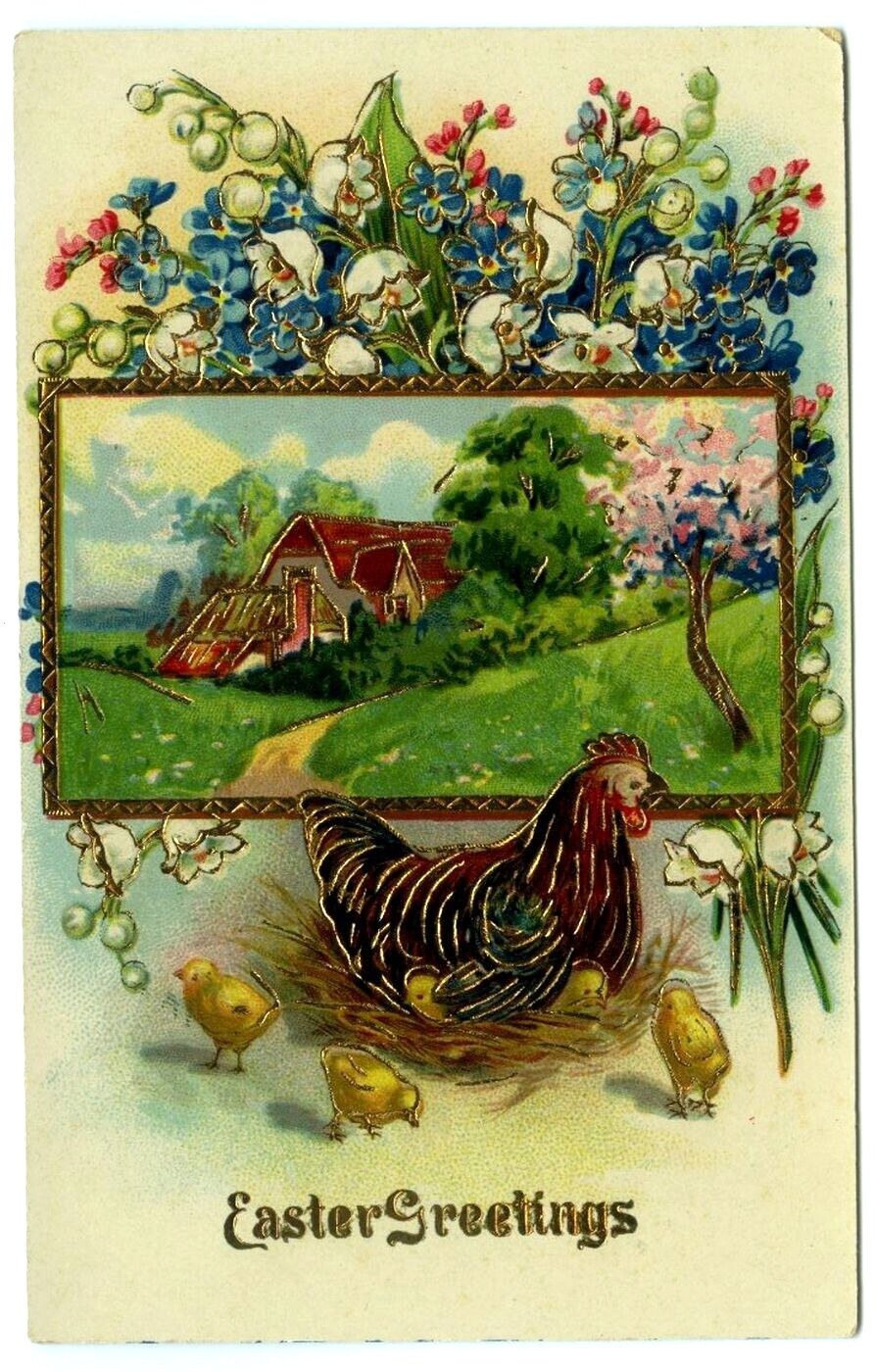 Easter Greetings Hen Chicks Home Flowers c1910 Gold Gilt Embossed Postcard