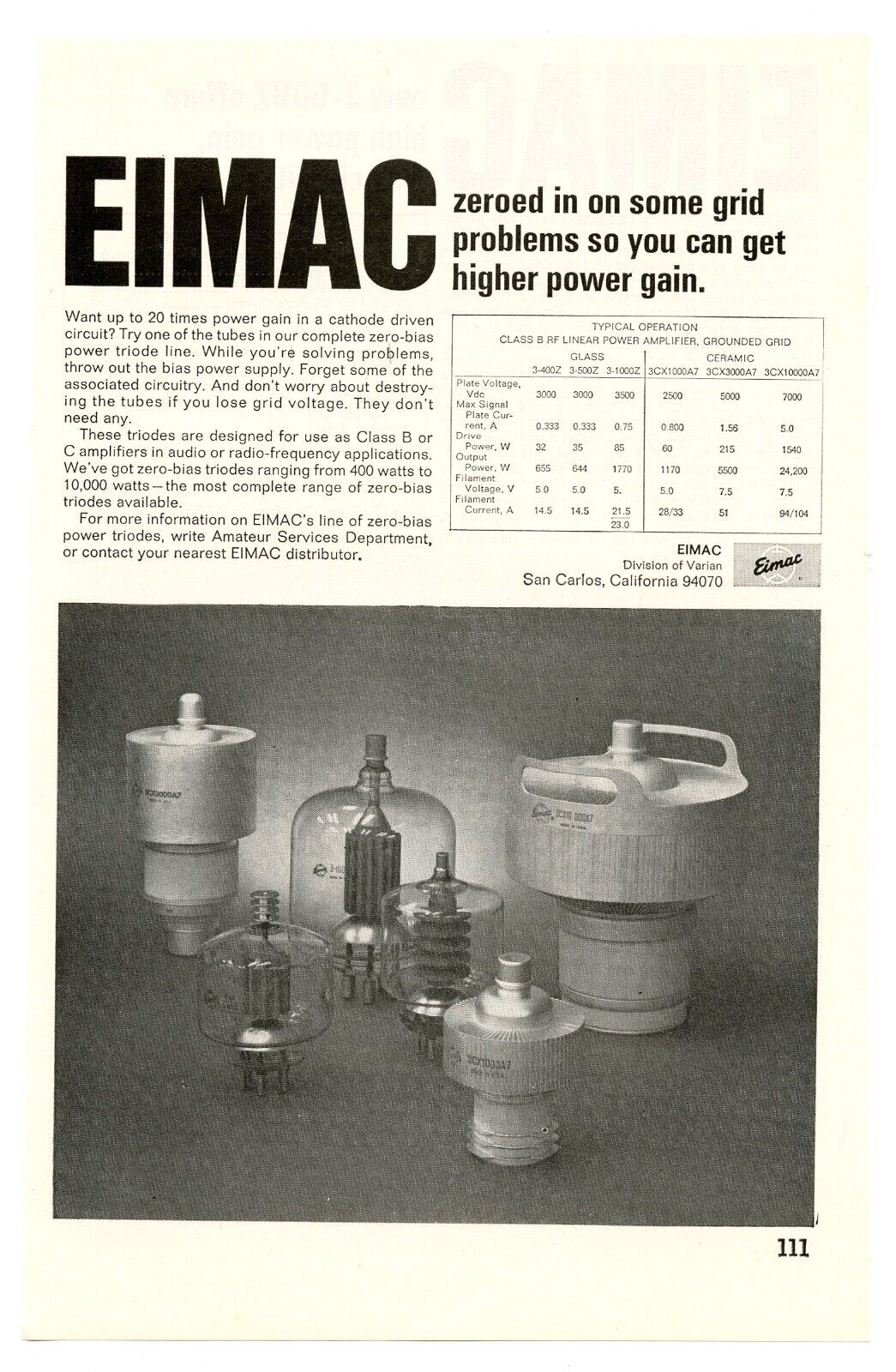 QST Ham Radio Mag. Ad EIMAC\'s Line of Zero-Bias Power Triodes (5/68)