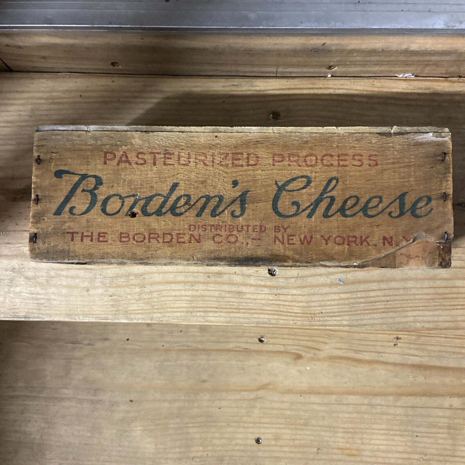 Vintage Wooden Borden’s Cheese Box with Blue and Red Painted Graphics