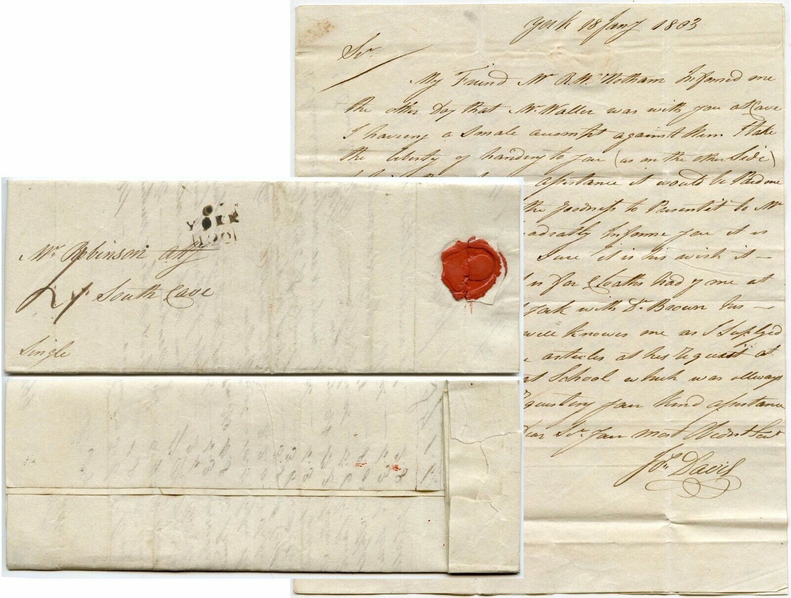 1803 LETTER YORK 190 MILEAGE to ROBINSON SOUTH CAVE SIGNED J L DAVIS