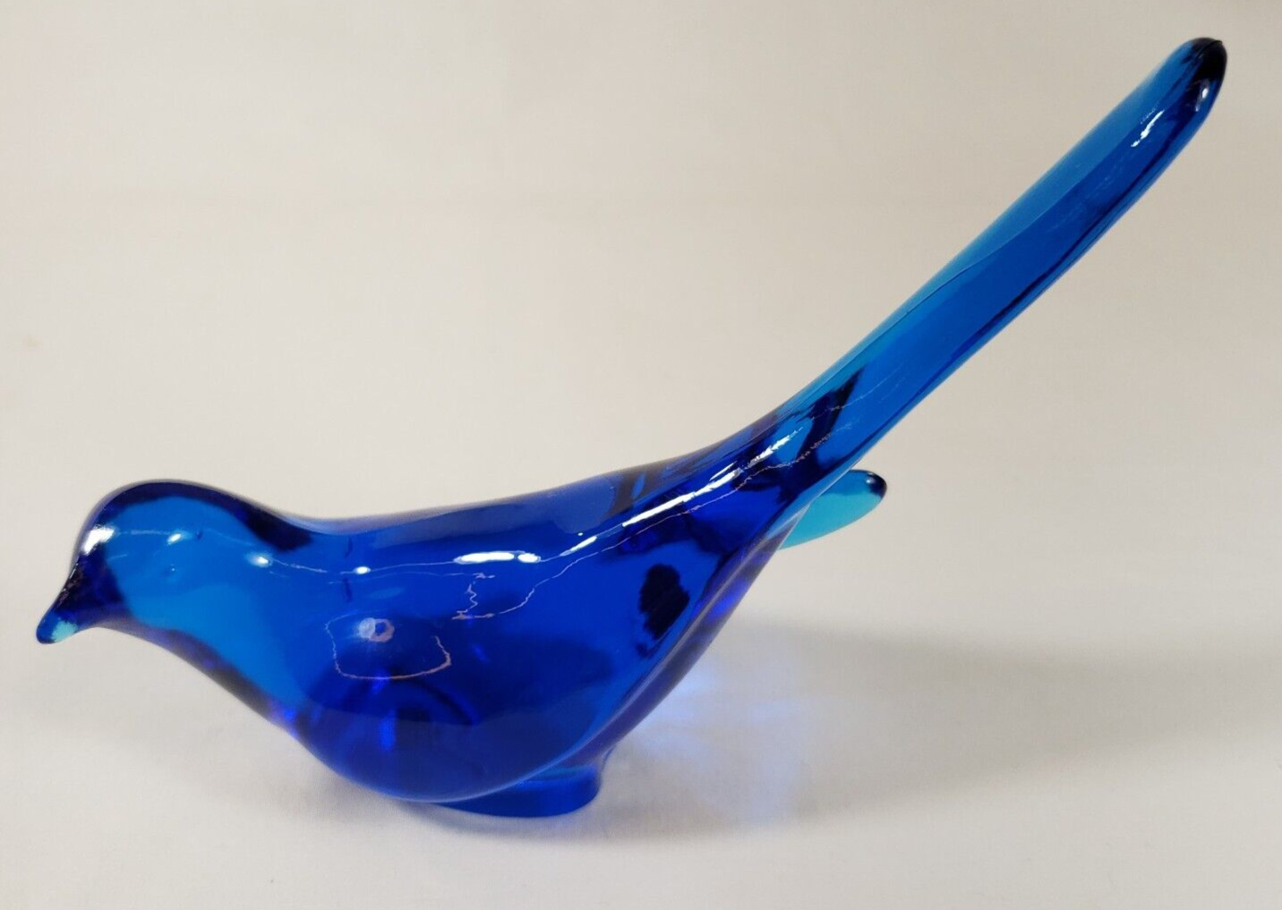 Vintage Cobalt Blue Art Glass Bird Longtail UV Glows Green