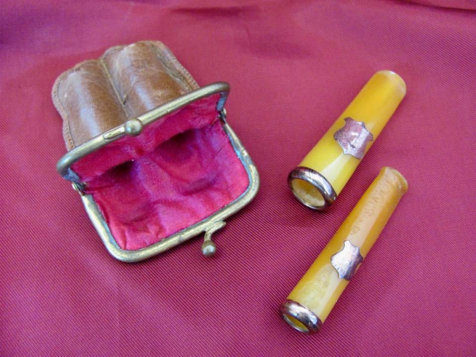 ANTIQUE TWO GOLD & NATURAL AMBER CIGARETTE HOLDERS w/CARTOUCHE & FITTED PURSE