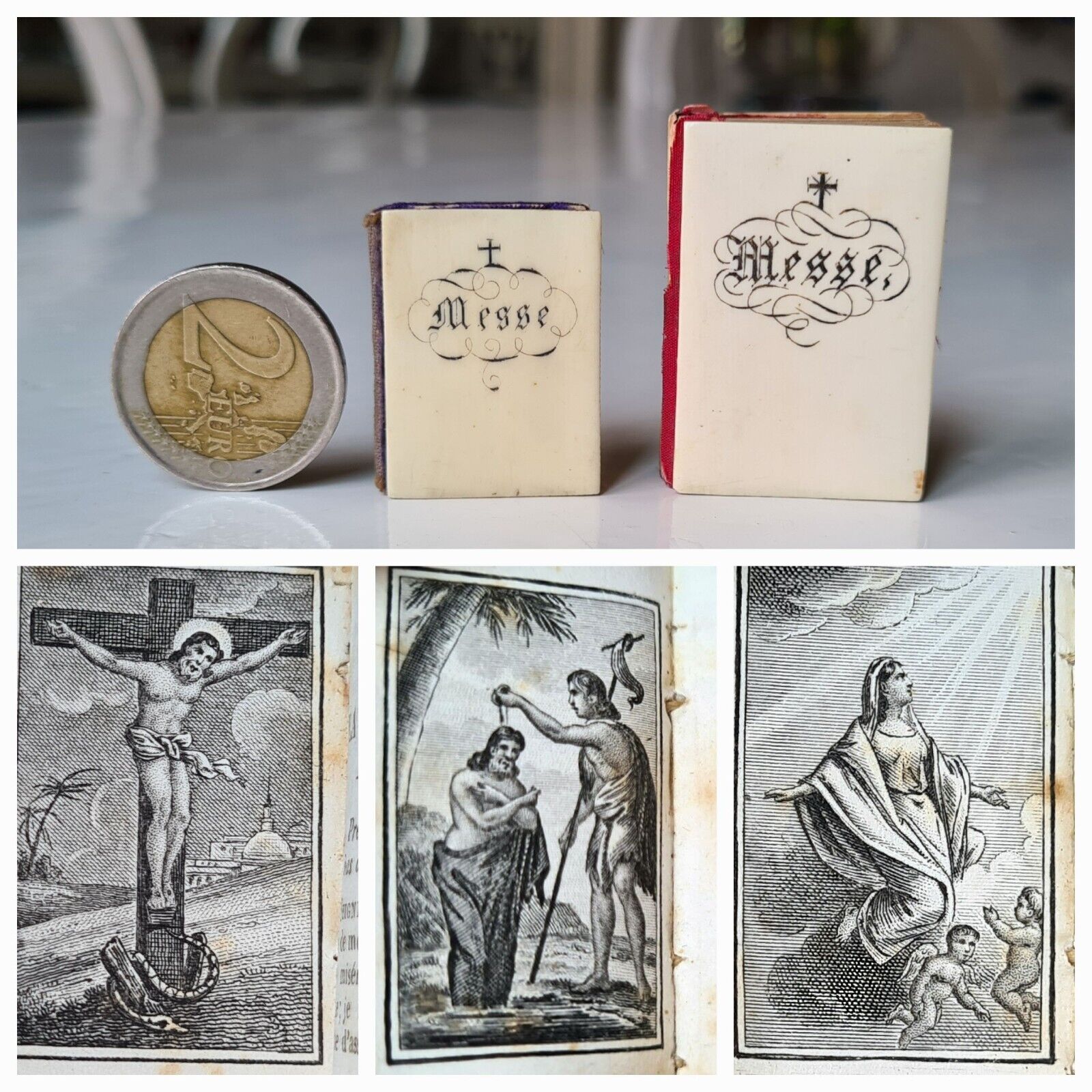 2 antique 1800's Paroissien, miniature prayerbooks, with engravings