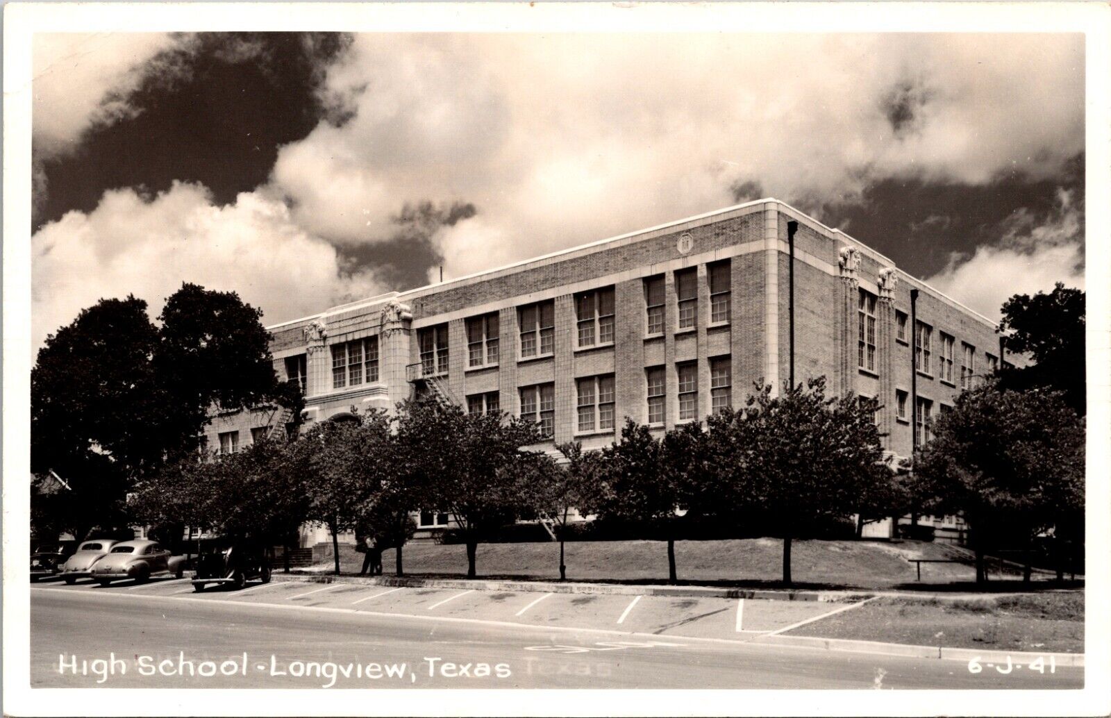 Vintage Postcards Texas. High School - Longview, Texas.  RPPC  6-J-41, Autos