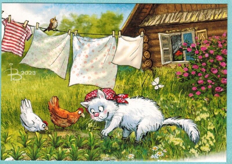 R.Zenyuk LIFE IN VILLAGE Cat Chicken Bird Flowers Veggies Russian postcard