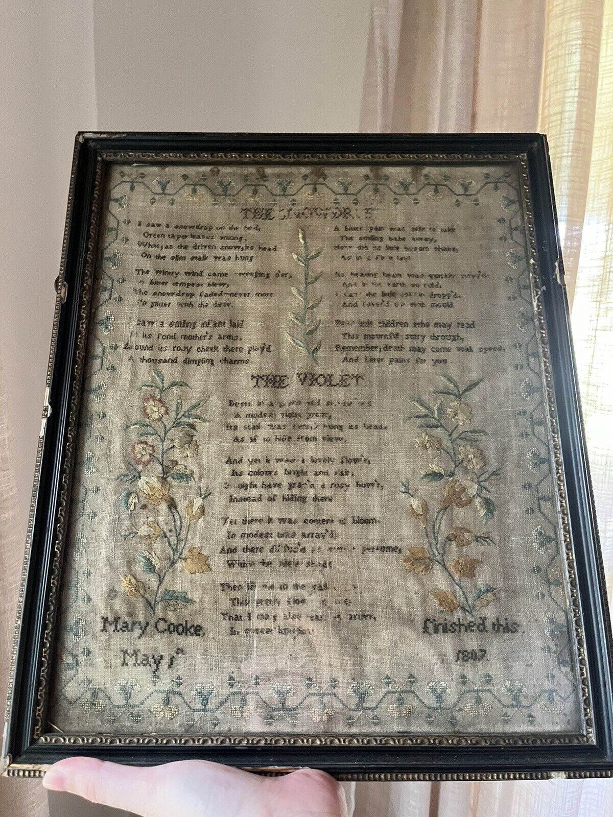Antique Sampler Poems Flowers Mary Cooke Ohio 1807 Violet Snowdrop Irish?