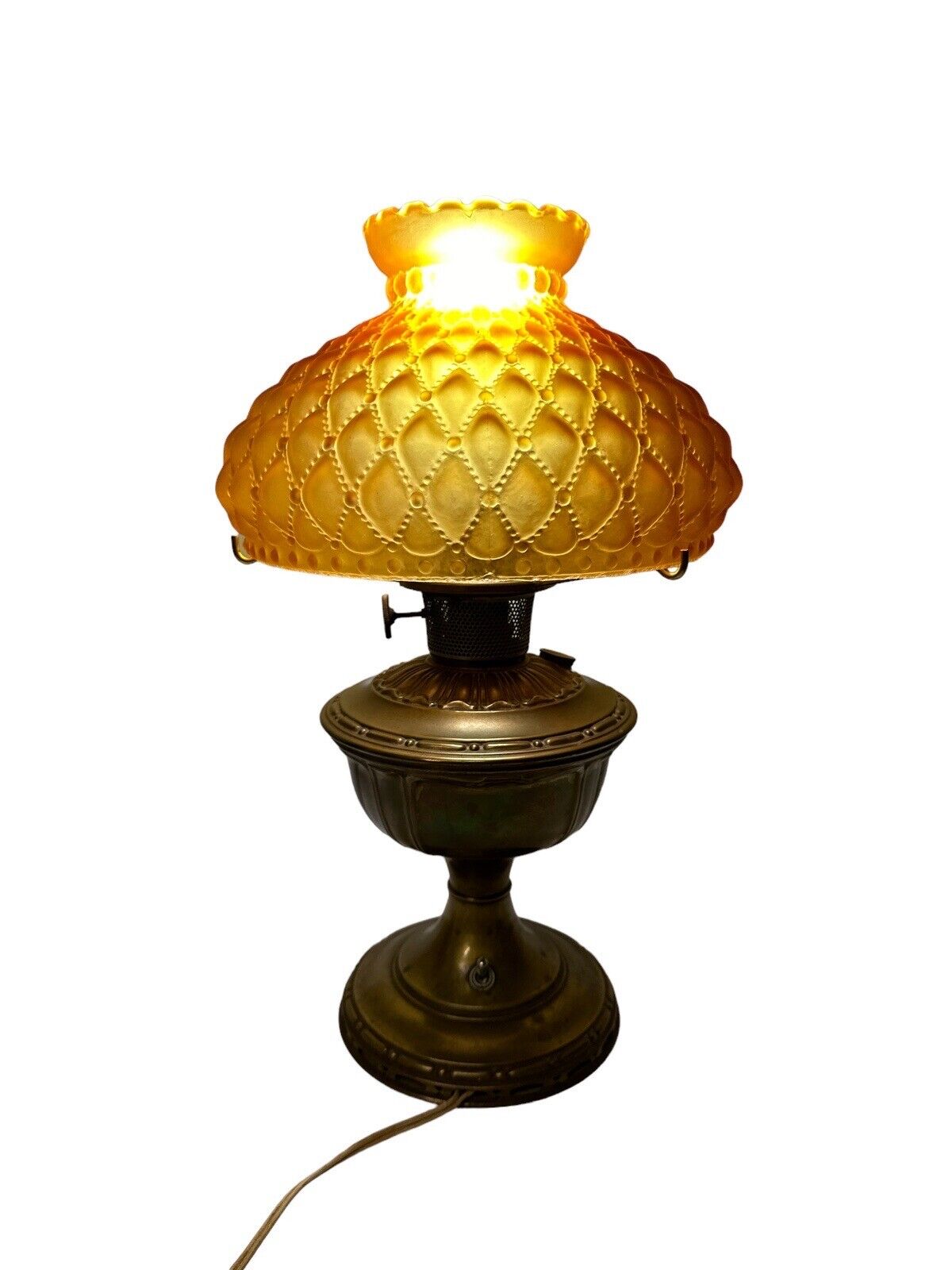 Antique Wired Lamp Brass With Glass Amber Shade 18\