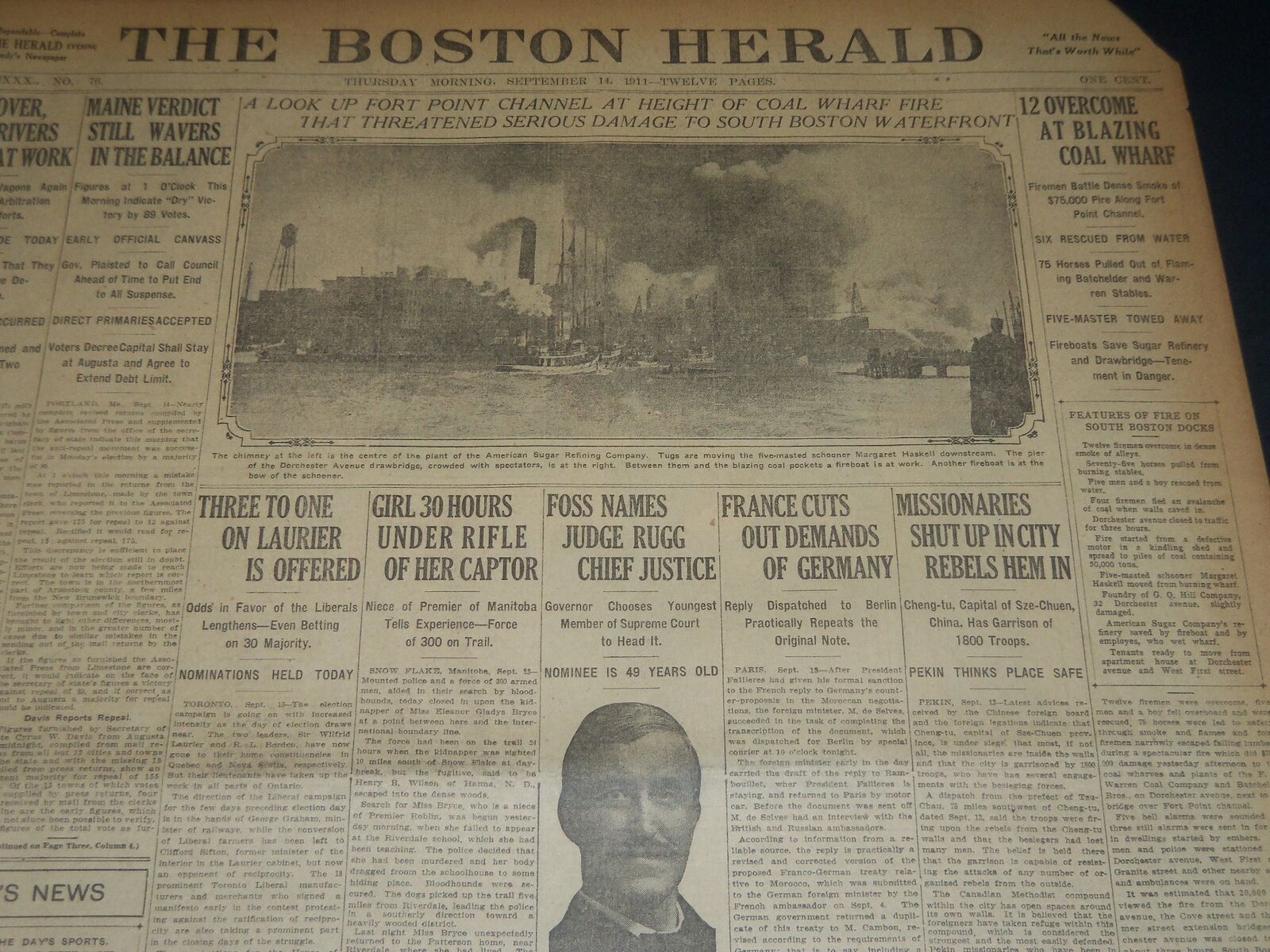 1911 SEPTEMBER 14 THE BOSTON HERALD - COAL WHARF FIRE IN SOUTH BOSTON - BH 313