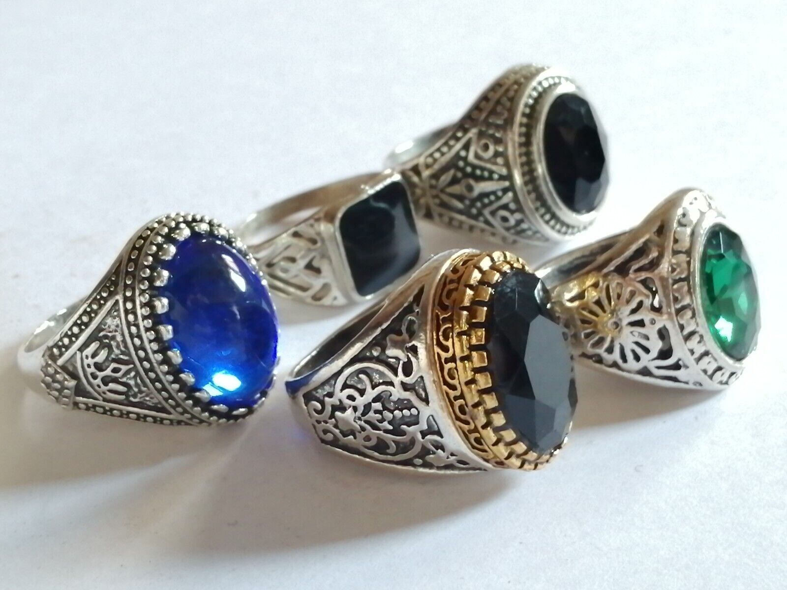MAGNIFICENT VINTAGE POST MEDIEVAL SILVERED RINGS WITH STONE INSERT GROUP RINGS
