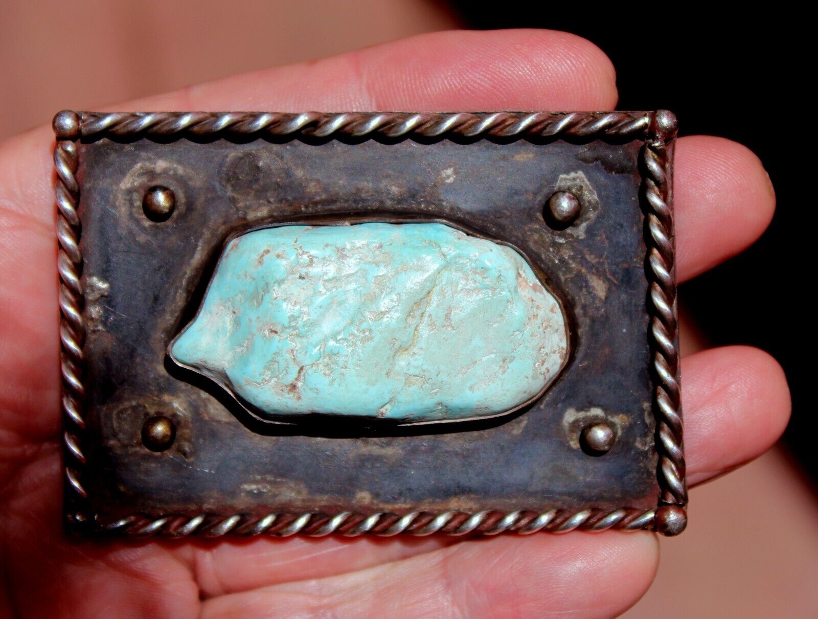 1960\'s Old Pawn Navajo Sterling Silver & Turquoise Stone Nugget Belt Buckle