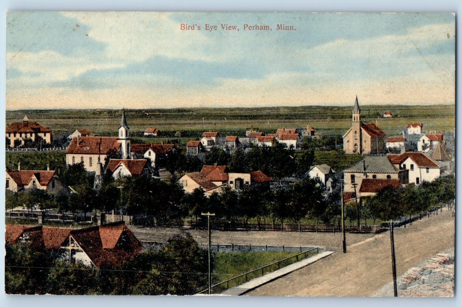 Perham Minnesota MN Postcard Birds Eye View Houses Buildings Street 1910 Vintage