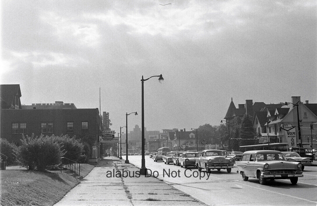 Orig 1961 Film NEGATIVE Street Scene w 50\'s Cars Near Volpe Motors Rochester NY