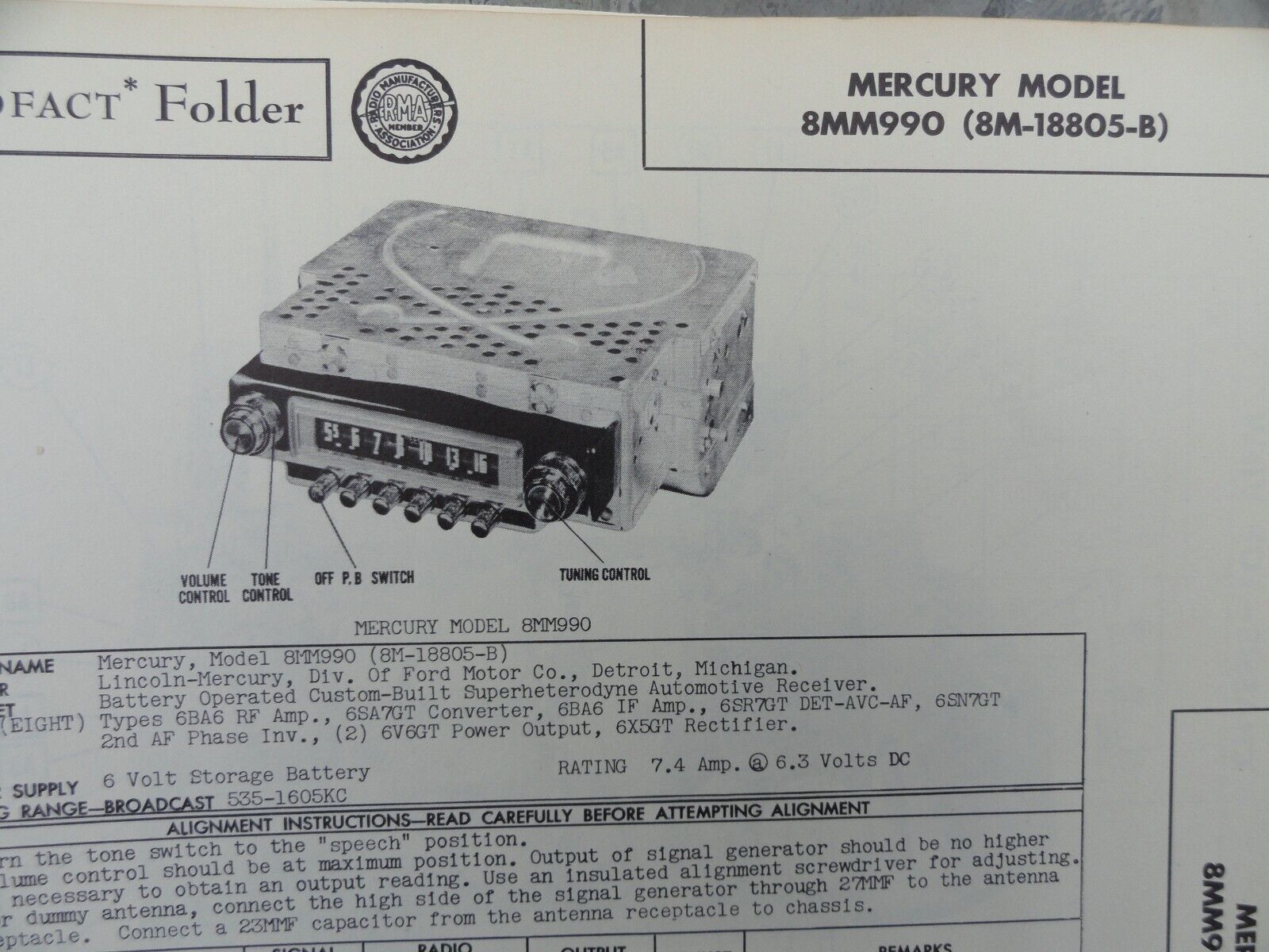 Vintage Sams Photofact Manual MERCURY MODEL 8MM990 (8M-18805-B)