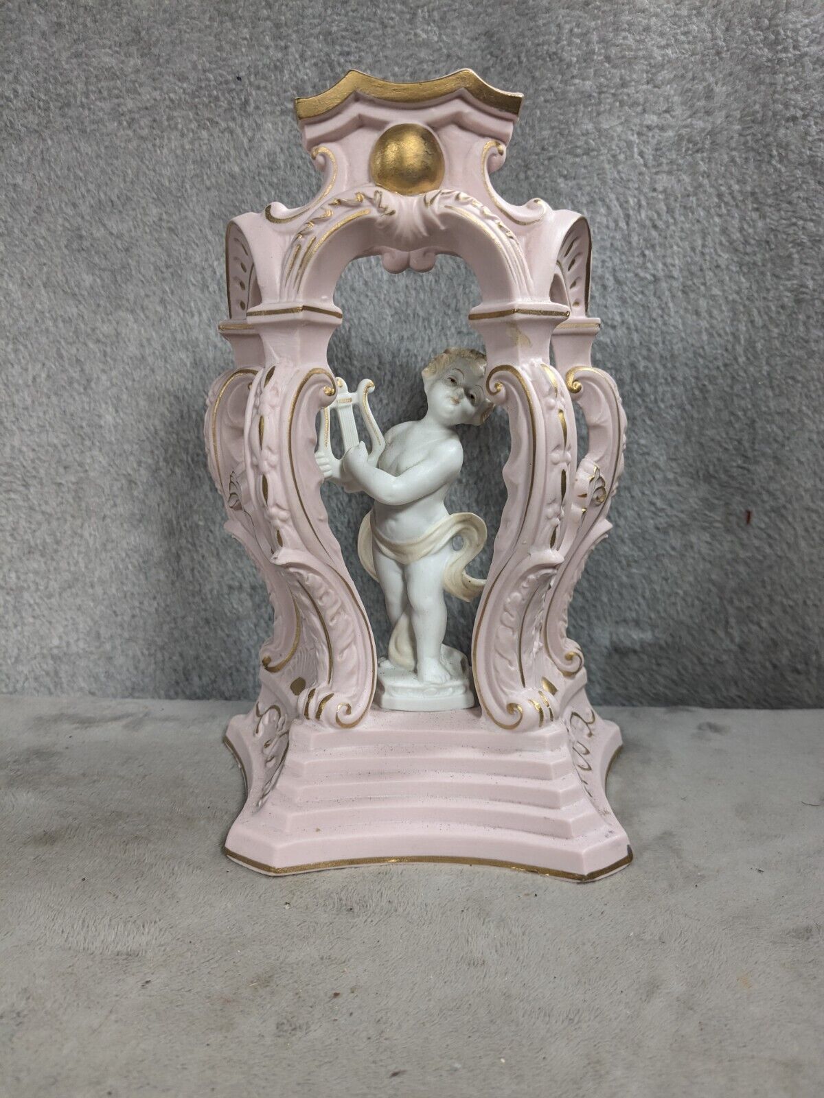 Vintage Hand Painted Pink Ceramic Cherub Playing a Harp Art Shelf Decor