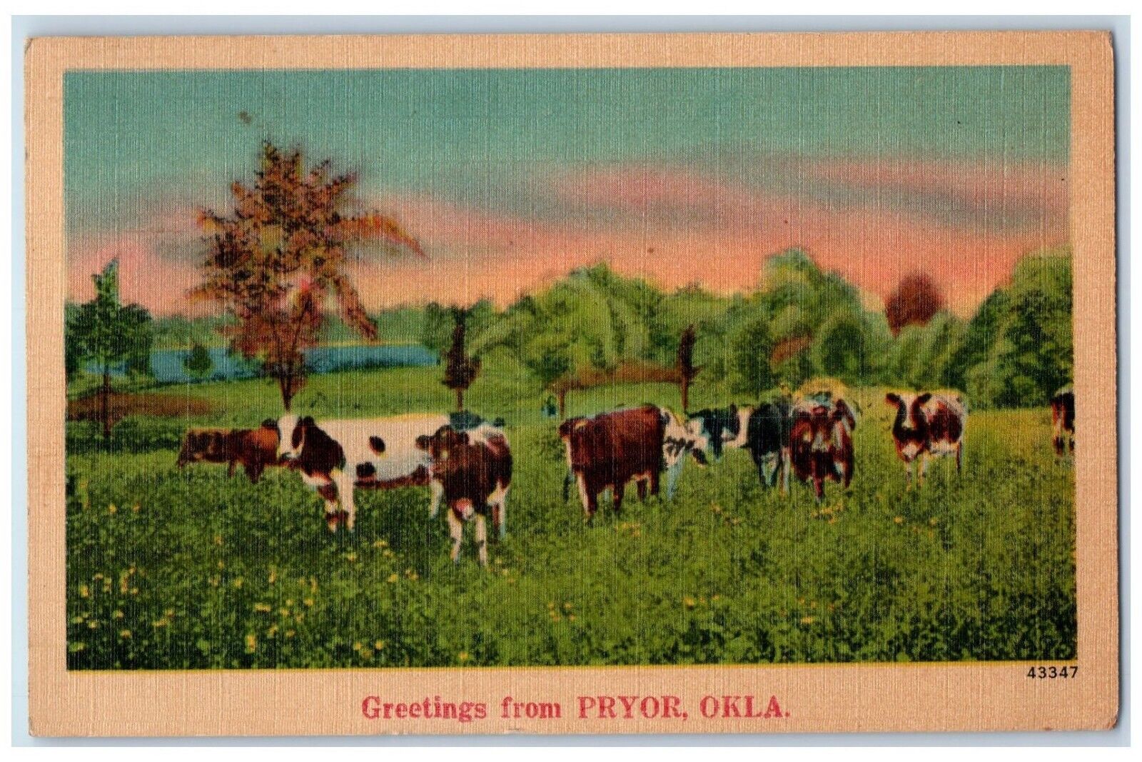 1946 Greetings From Pryor Oklahoma OK, Cows Scene Field And River Postcard