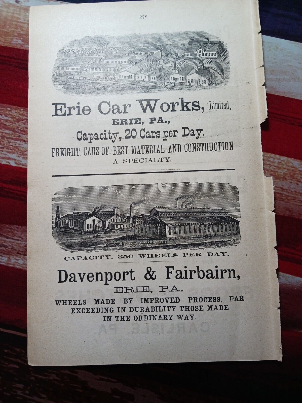 1889 Print Ad ~ 2 Erie PA Railroad Ads DAVENPORT & FAIRBAIRN Erie Car Works 