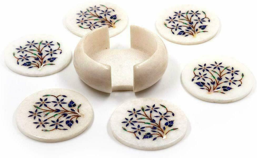 Coffee Inlay Work White Marble Tea Coaster  Precious Stone Flower  h4
