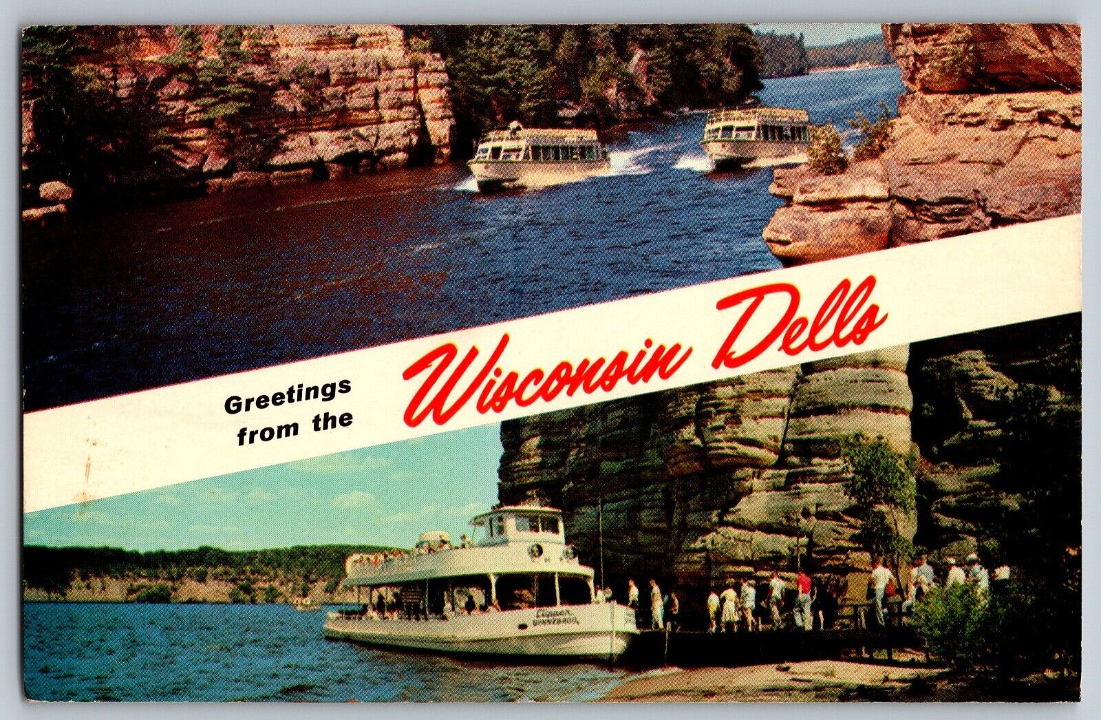 Wisconsin WI - Greetings from Wisconsin Dells - Ferry Boats - Vintage Postcard