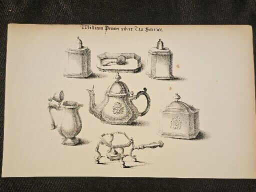 1850s Original Antique Lithograph Print William Penns Silver Tea Service