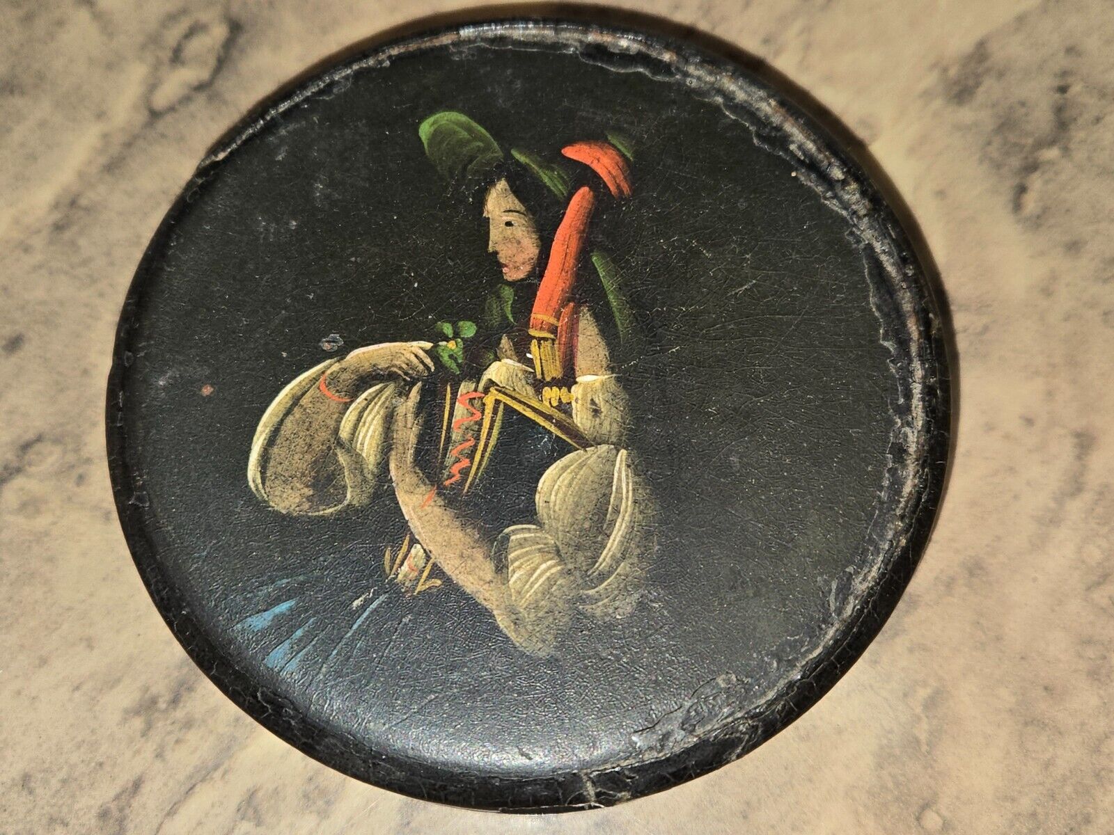 ANTIQUE 19TH CENTURY FRENCH ? GERMAN? HAND PAINTED ROUND WOOD SNUFF BOX LADY HAT