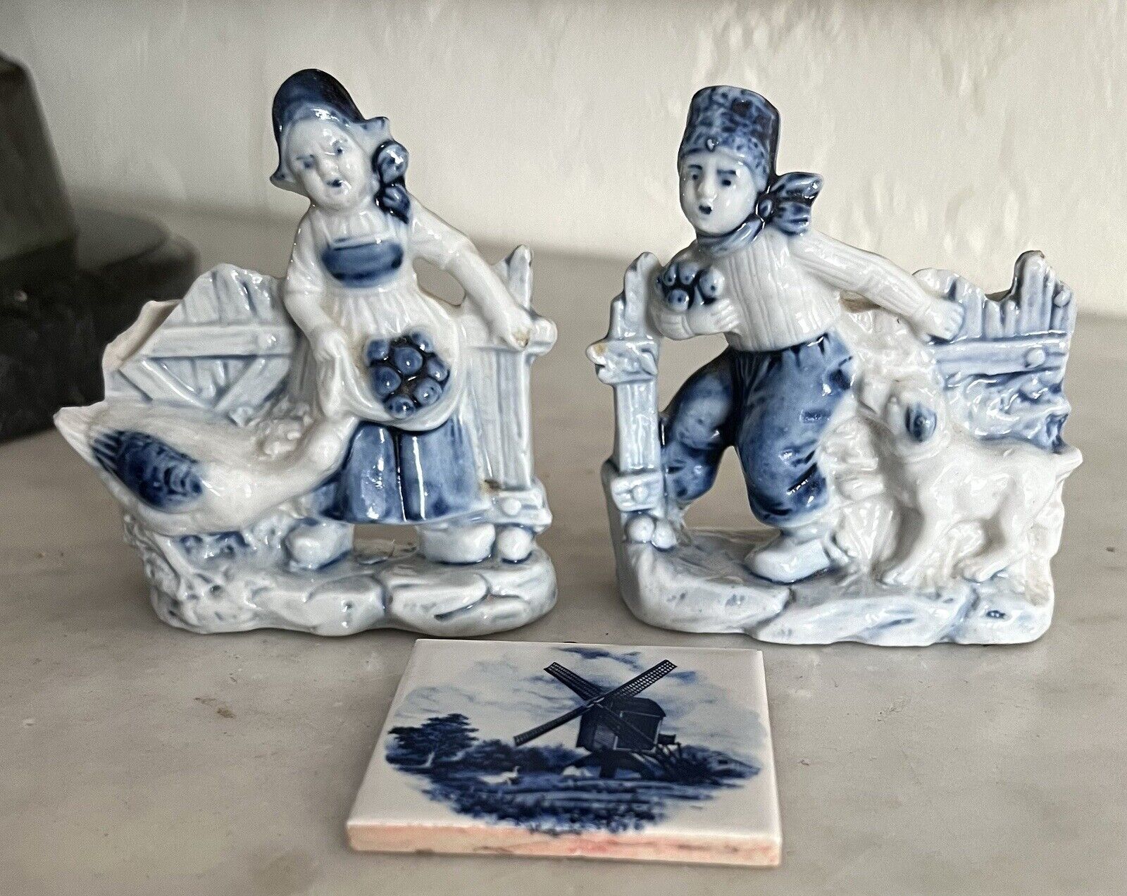 2 Delft Blue Boy, Girl Toothpick Holders, Germany 6894, Plus a Mini Tile