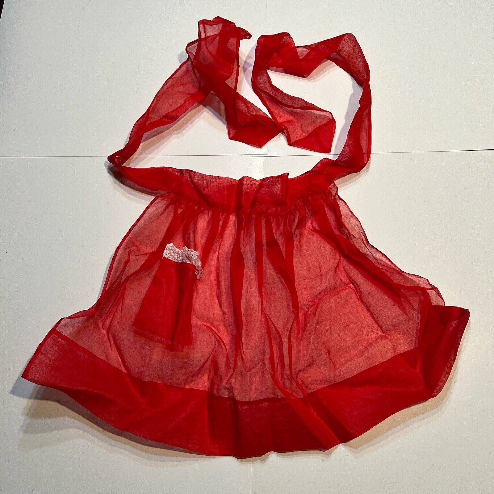 Vintage sheer red apron retro half guest nylon lace trim pocket hostess
