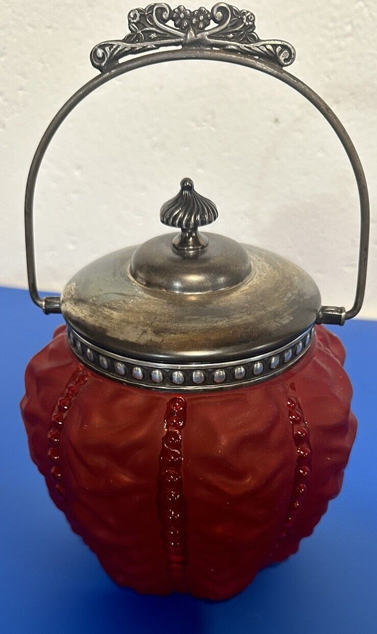 EAPG Consolidated Glass Pigeon Blood Red Beaded Drape Biscuit Barrel c.1904