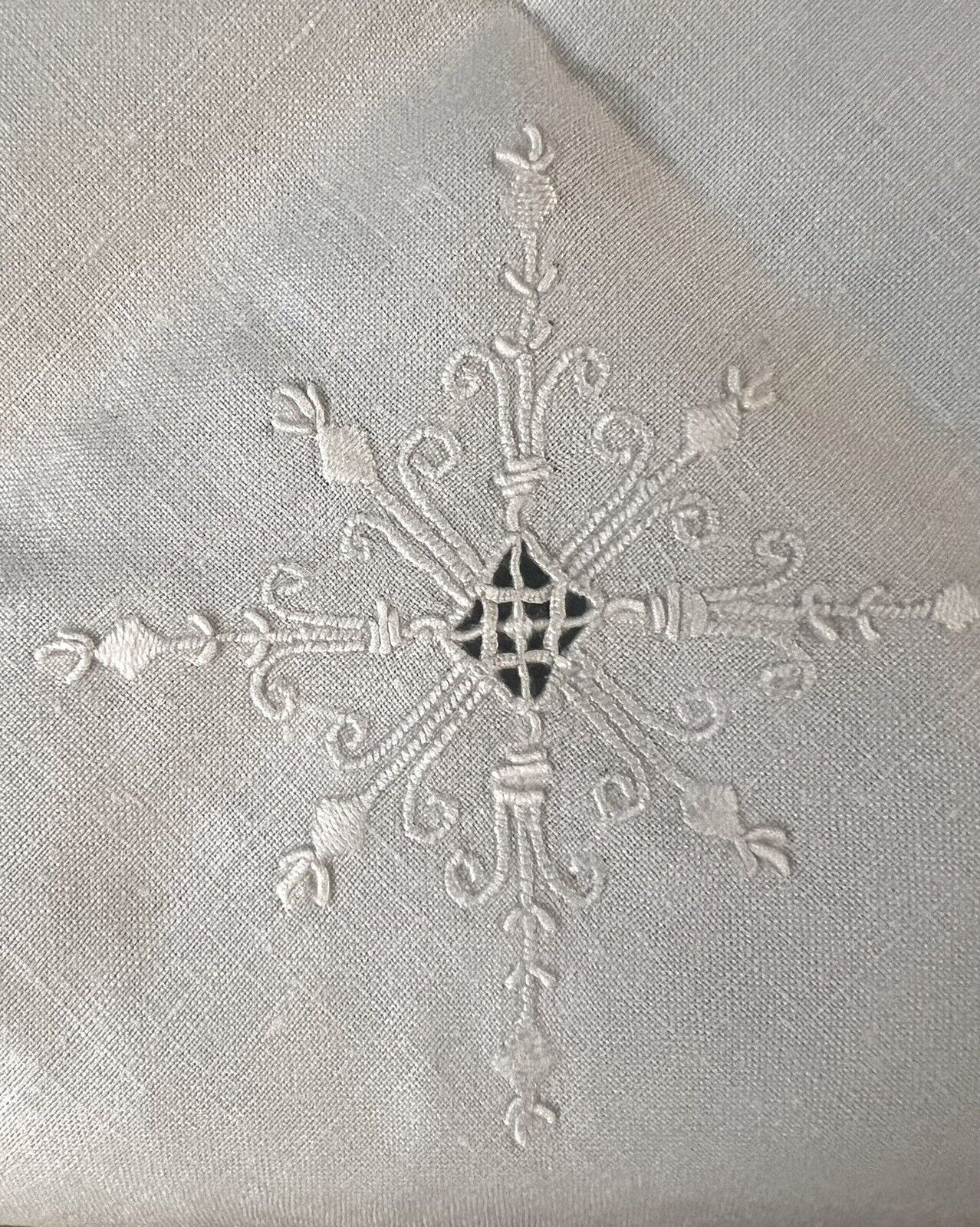 Antique French Fine Linen Embroidered Luncheon Table Cloth Estate Find