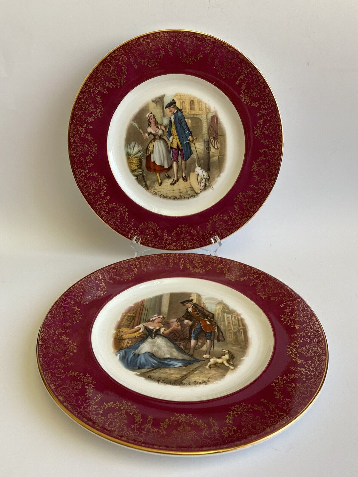 Vintage England Plates Set of 2 Cries of London Ruby Gold 10 5/8”D