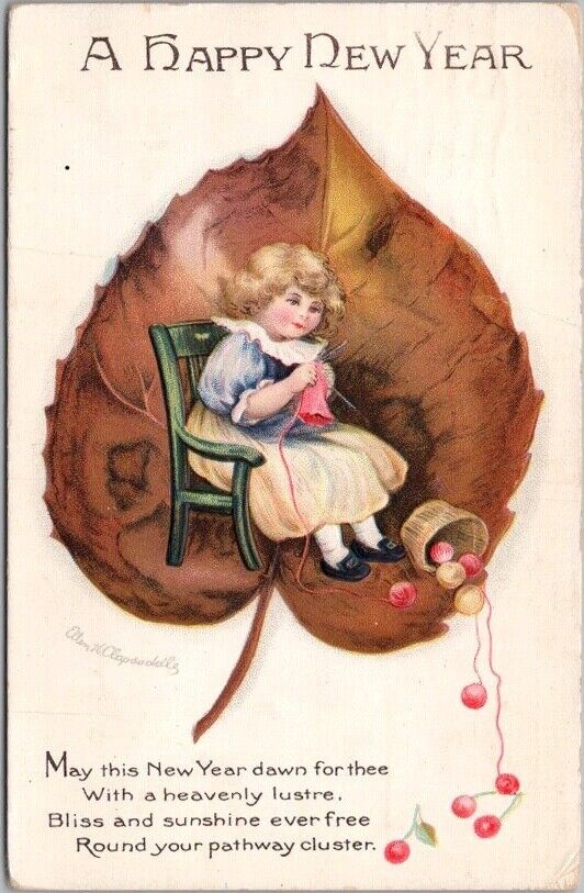 1918 HAPPY NEW YEAR Postcard Girl Knitting / Leaf / Artist-Signed CLAPSADDLE