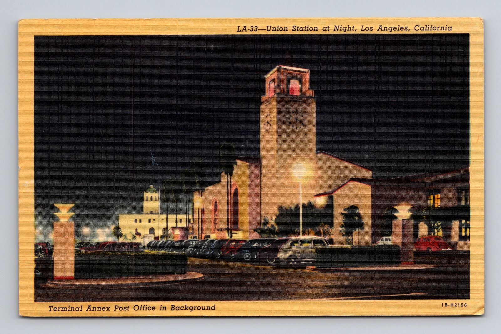 c1945 Linen Postcard Los Angeles CA California Union Station at Night Old Cars