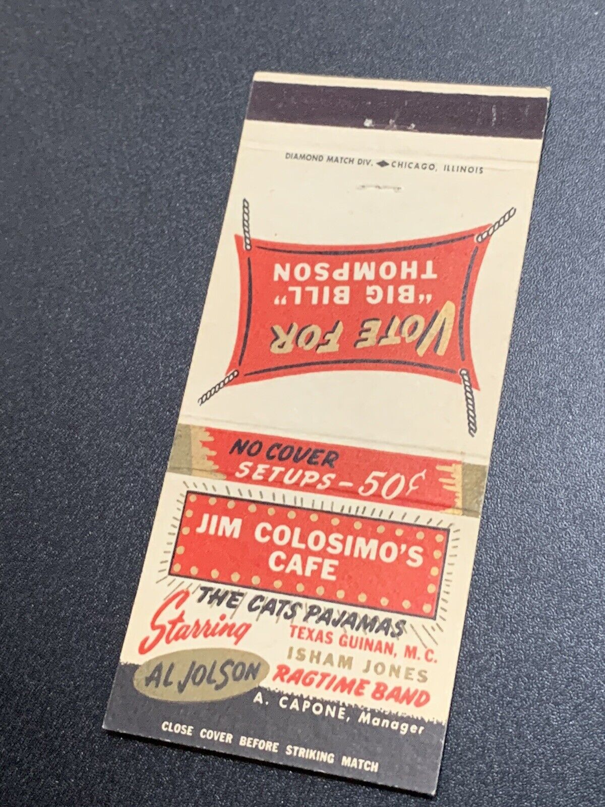 Rare Vintage Matchbook: “JIM COLOSIMO'S CAFE - Starring Al Jolson”