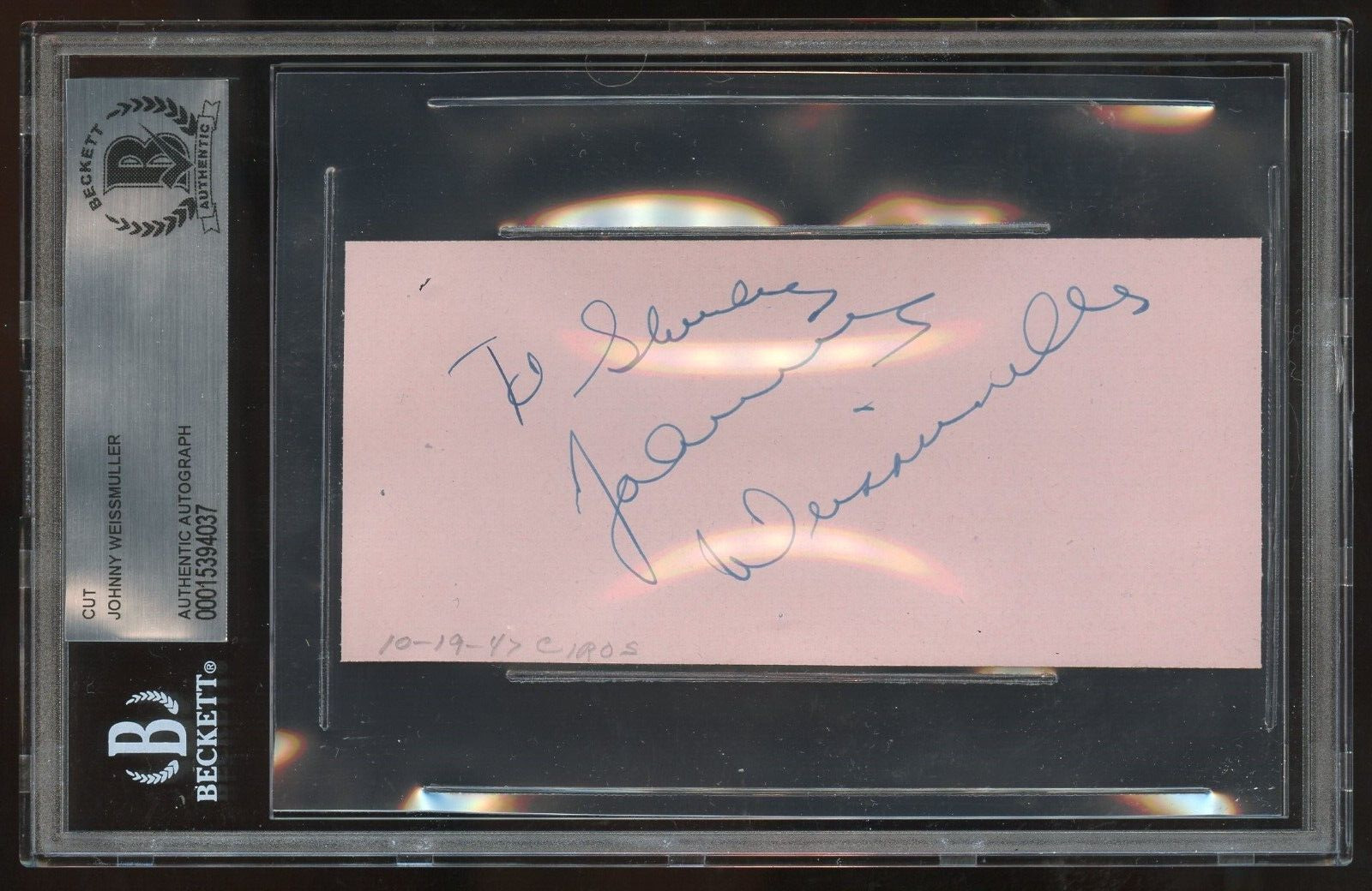 Johnny Weissmuller signed 2x5 cut autograph on 10-19-47 at Ciro\'s Nightclub BAS