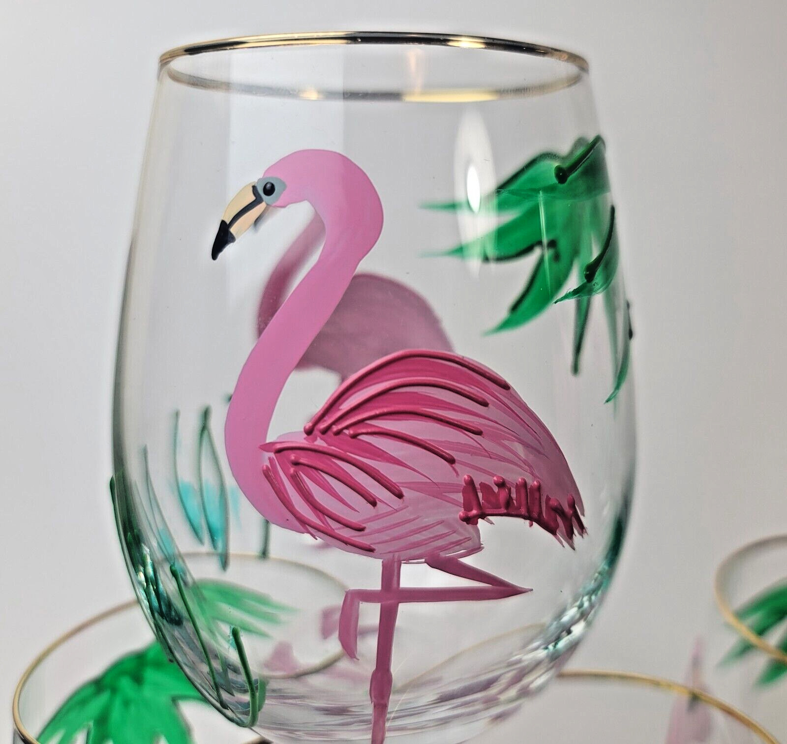 Pink Flamingo Stemless Wine Glass Gold Rim Hand Painted - Set of 6