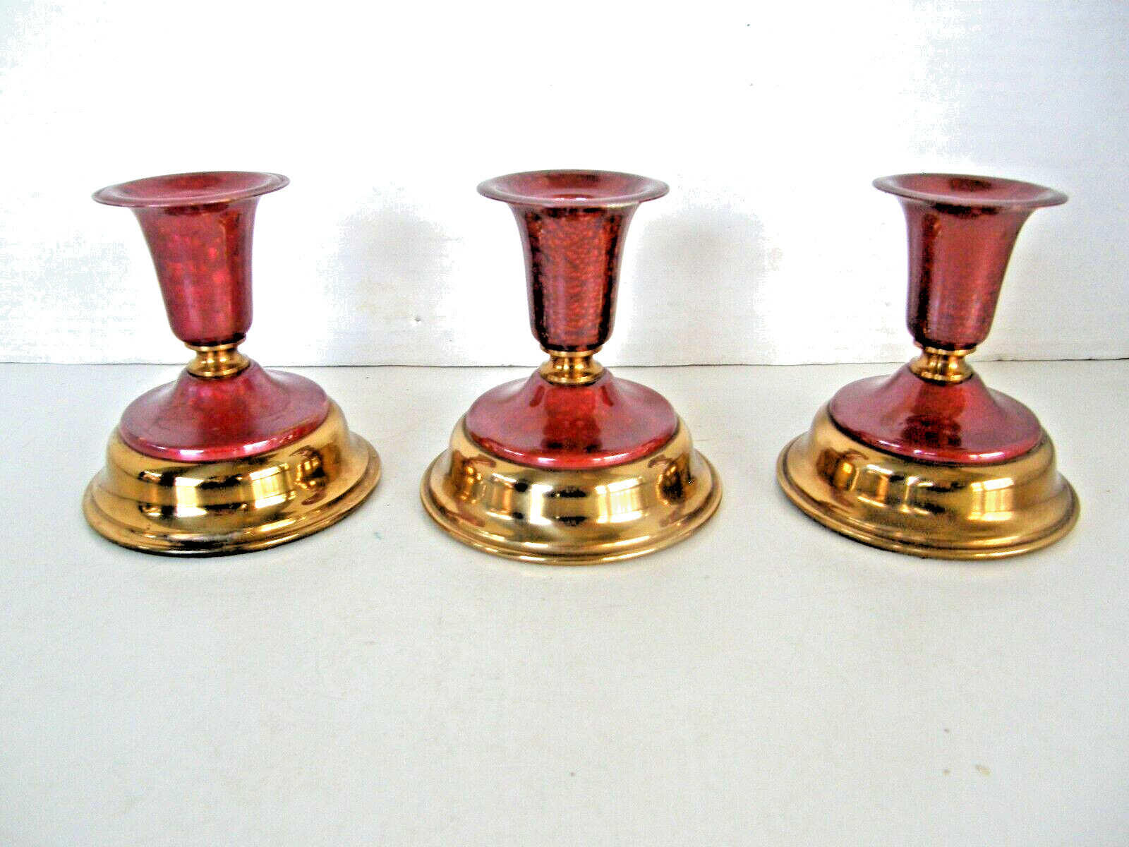 VINTAGE GRAMMES Cranberry Red & Gold Candle Holders Set of 3 - Allentown, PA.