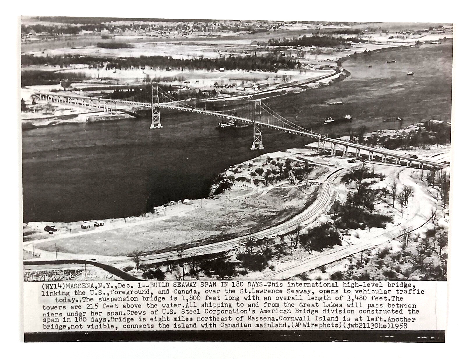 1958 Massena New York St Lawrence Seaway Suspension Bridge Vintage Press Photo