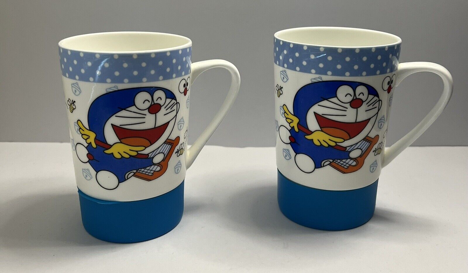 Doraemon BIG Mug Blue Cat Made in Japan With Handle Blue Rubber Base X2