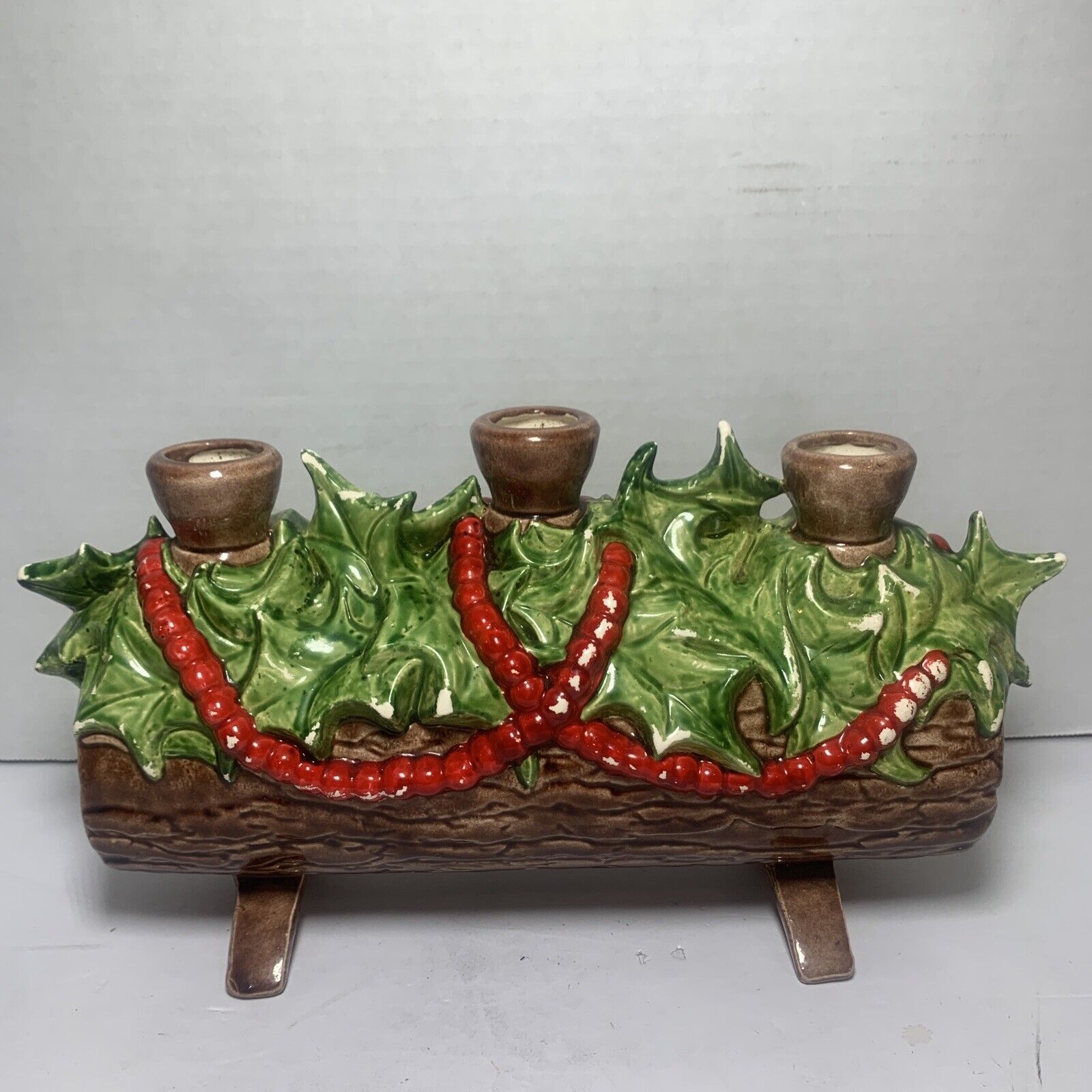 Vintage Atlantic Mold Christmas Yule Log Candle Holder Holly Berries Ceramic 