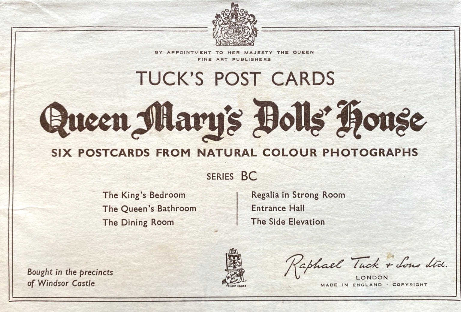 VINTAGE QUEEN MARY\'S DOLLS\' HOUSE  SET BC TUCK\'S POST CARDS WITH ENVELOPE