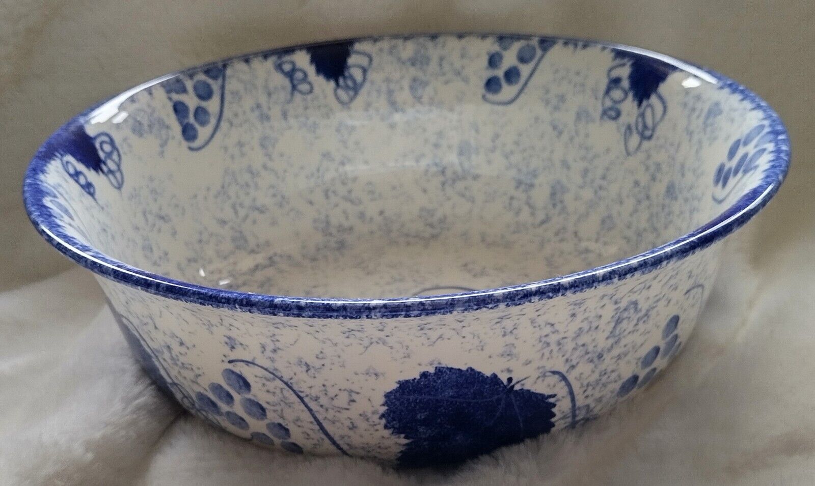 Poole Pottery Blue & White Grapes & Leaves Serving Bowl, Hand Painted, England