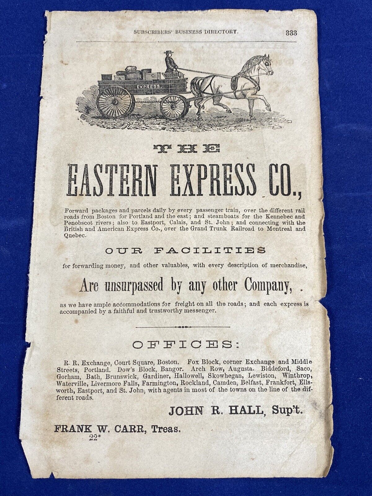 1862 Ad EASTERN EXPRESS COMPANY, for Money and other Valuables, MAINE, Boston