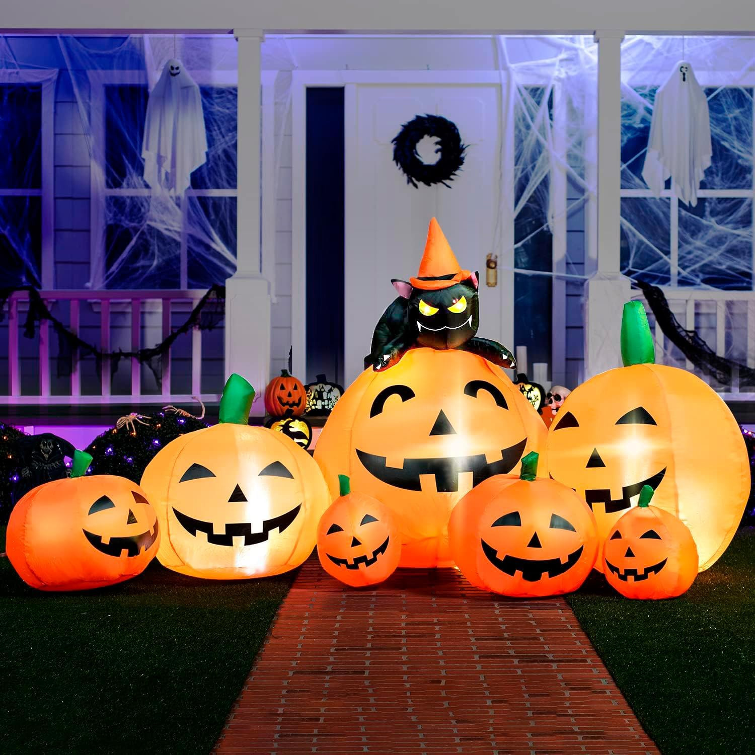 7 FT Long Halloween Inflatables Pumpkin, 7 Pumpkins Decoration with Witch\'S Cat 