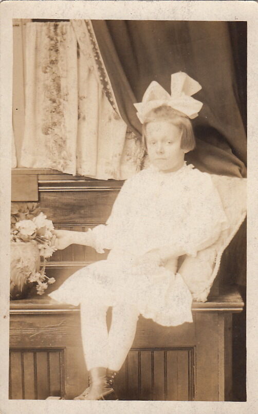 RPPC Postcard Little Girl White Dress + White Bow c. 1900s