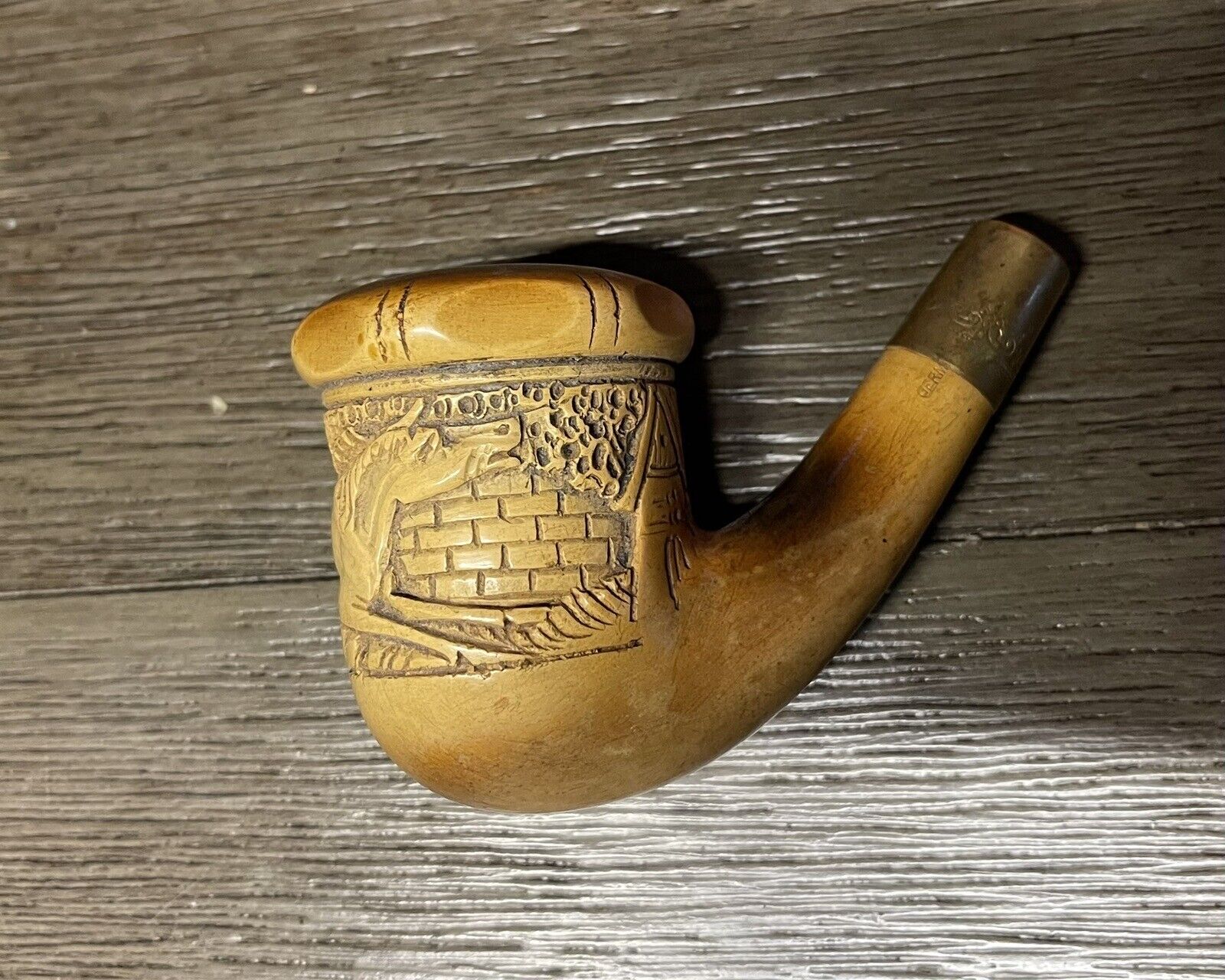 Very Old Meerschaum Horse Hand Carved German Pipe with Brass