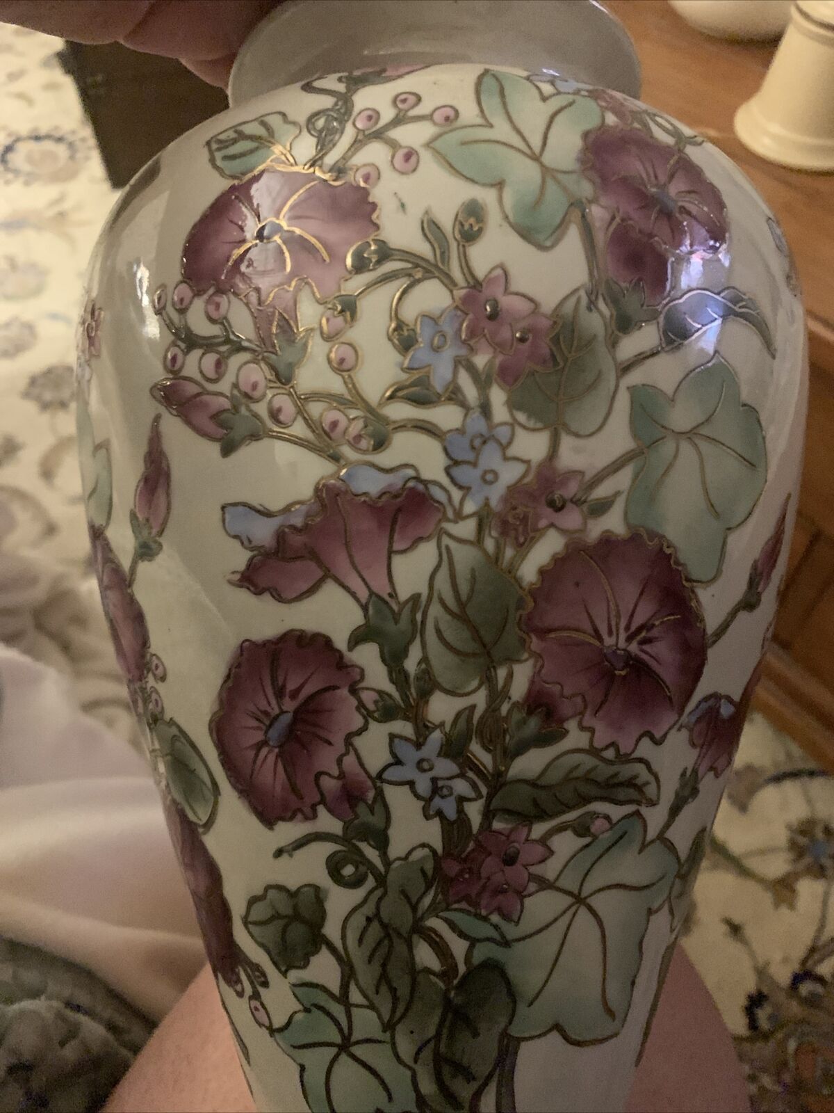 Vintage Toyo Purple Floral Vase With Gold Detail Gilded Porcelain 10”